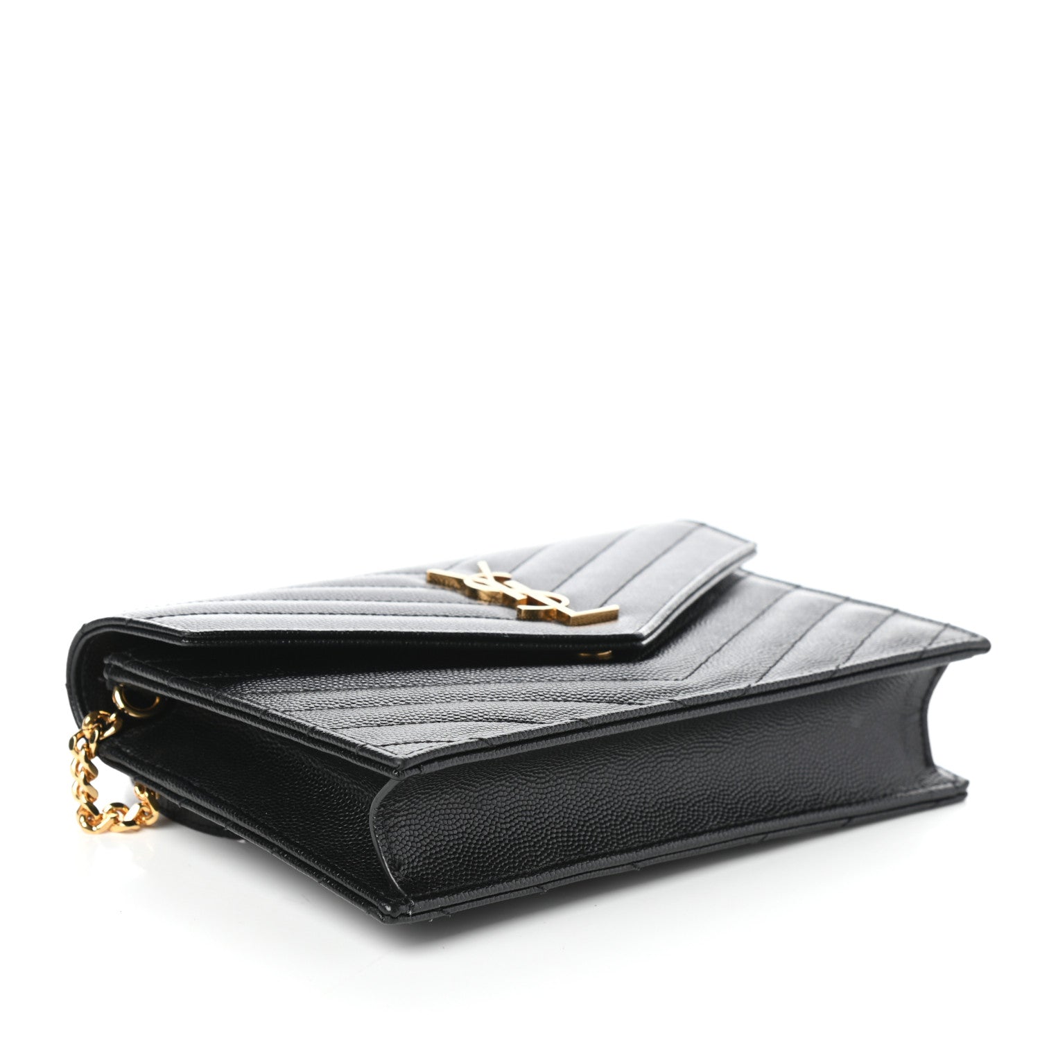 Saint Laurent Grain De Poudre Matelasse Chevron Monogram Envelope Chain Wallet Black 4 of 10