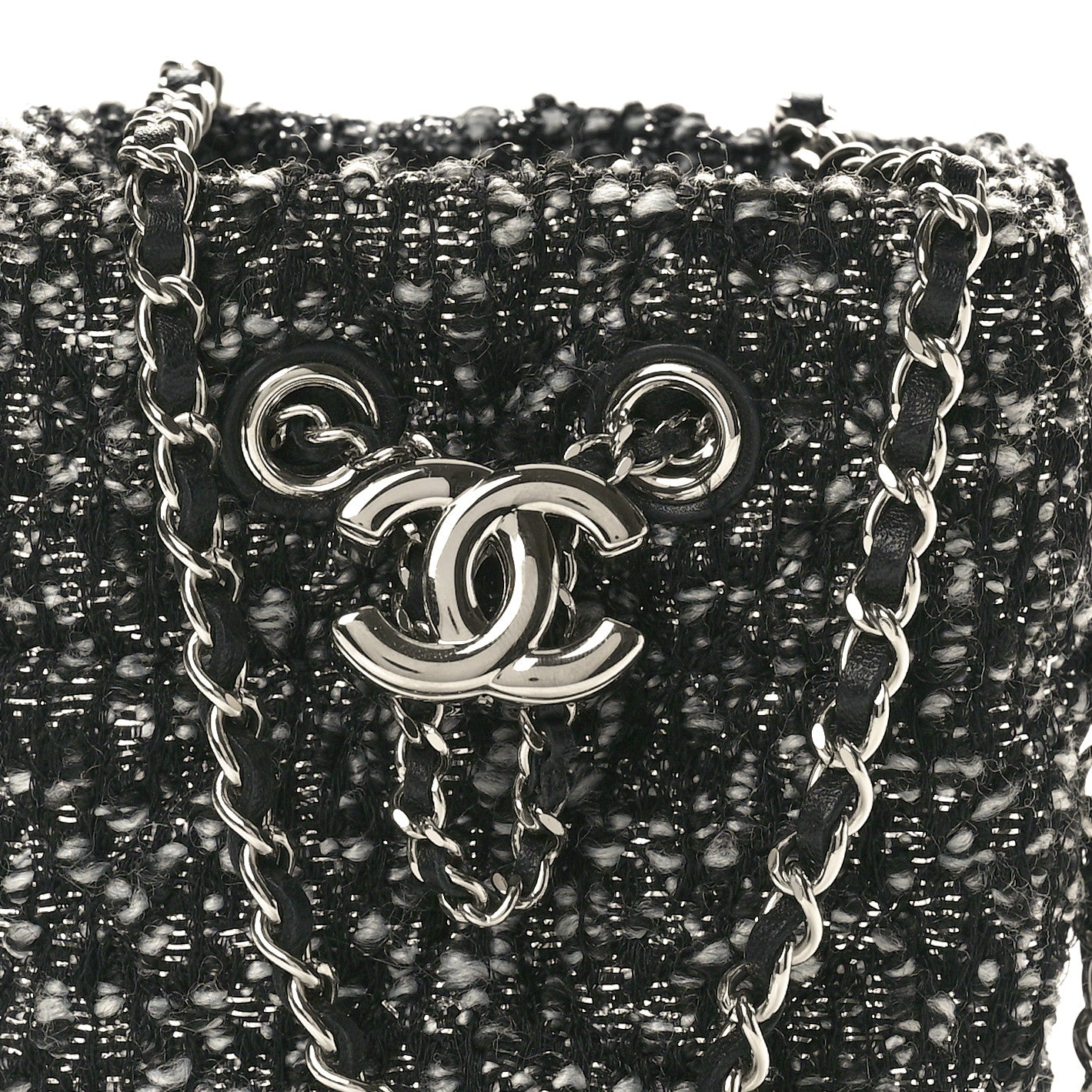 Tweed Mini Bucket Drawstring Bag Black Silver