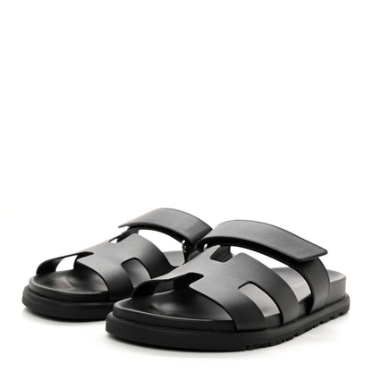 Hermes Calfskin Womens Chypre Sandals 37.5 Black 3 of 9