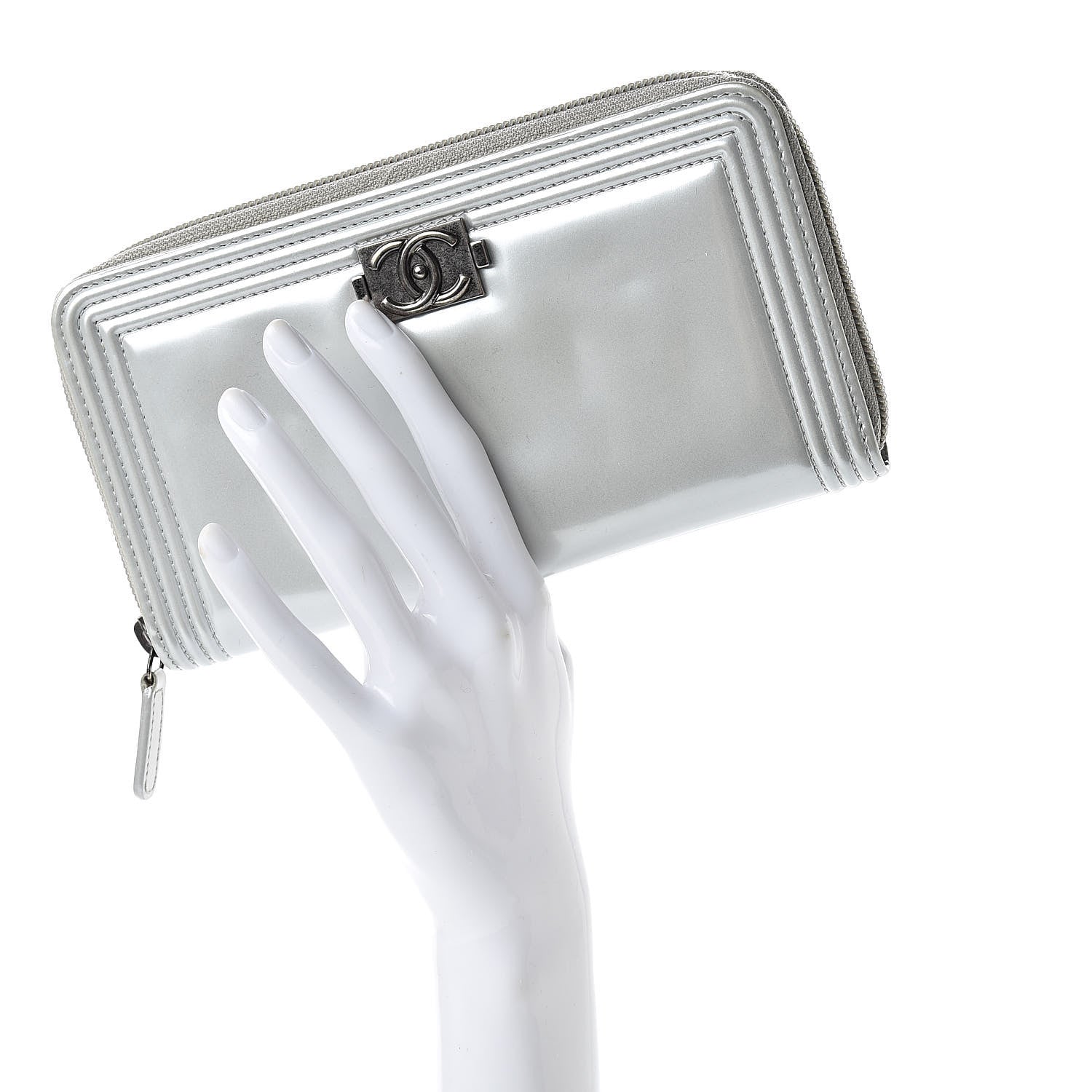 Chanel Glazed Calfskin Boy Zip Around Wallet Silver 2 of 9