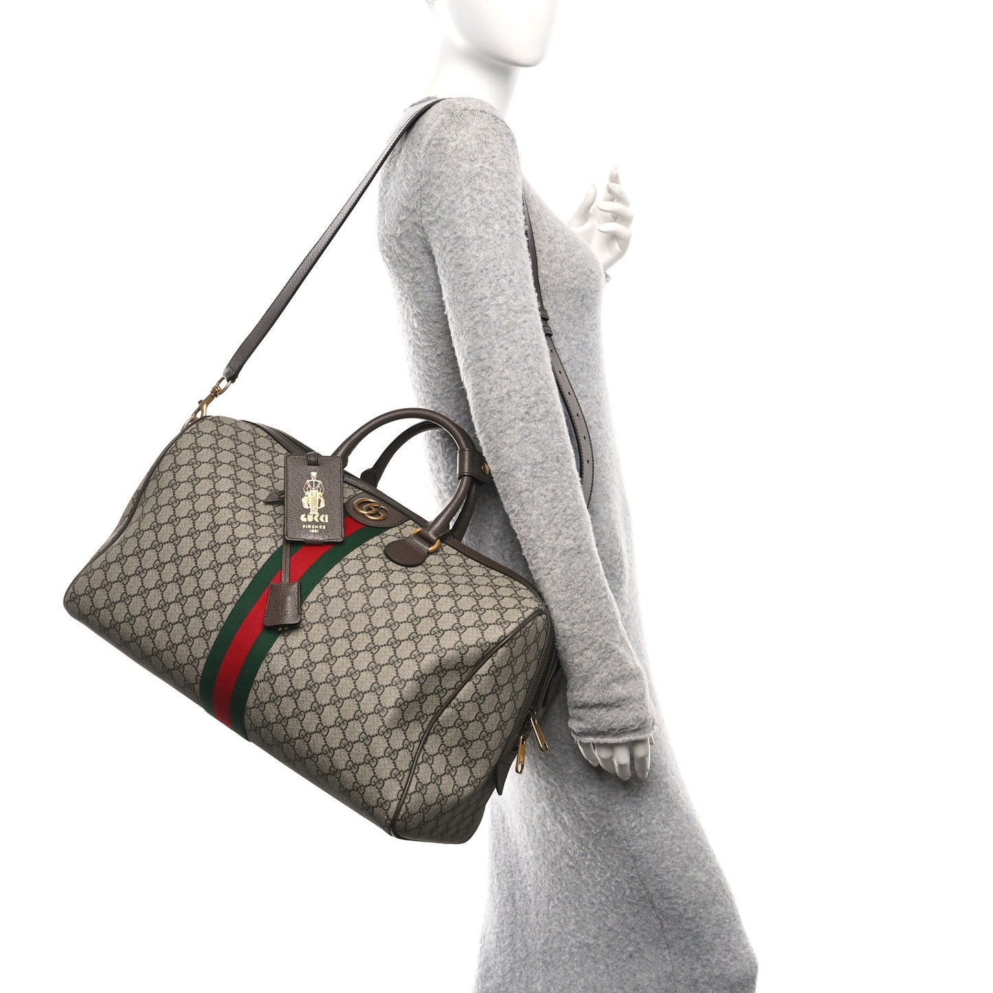 GG Supreme Monogram Textured Dollar Calfskin Web Medium Savoy Duffle Bag Beige Dark Brown