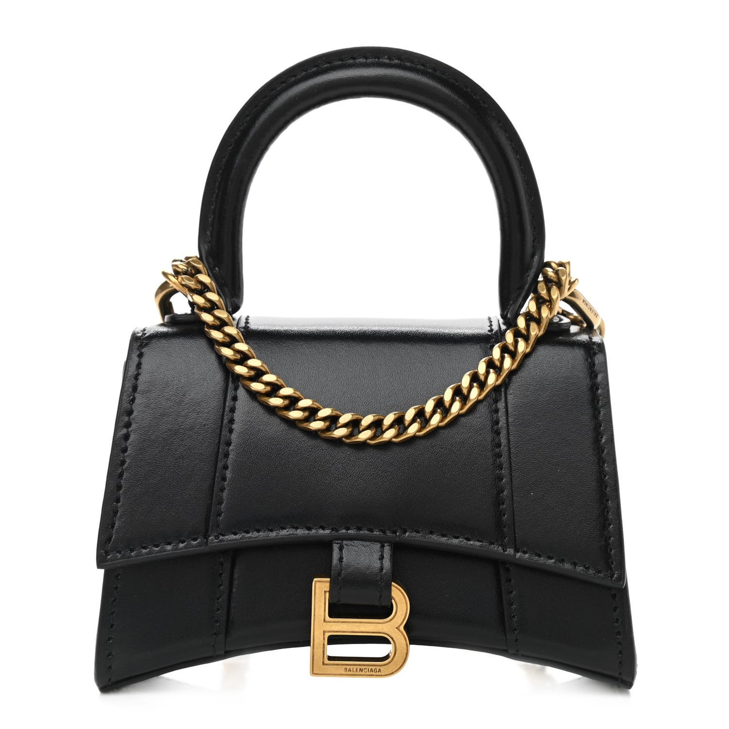 Shiny Box Calfskin Hourglass Top Handle Bag Mini with Chain Black