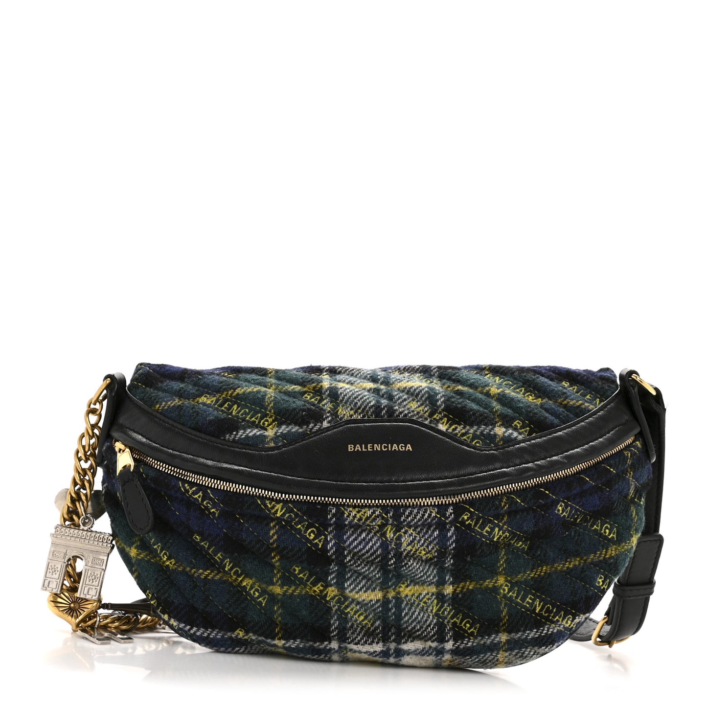 Wool Plaid Diagonal Allover Logo Matelasse XS Souvenir Belt Bag Green Blue Yellow