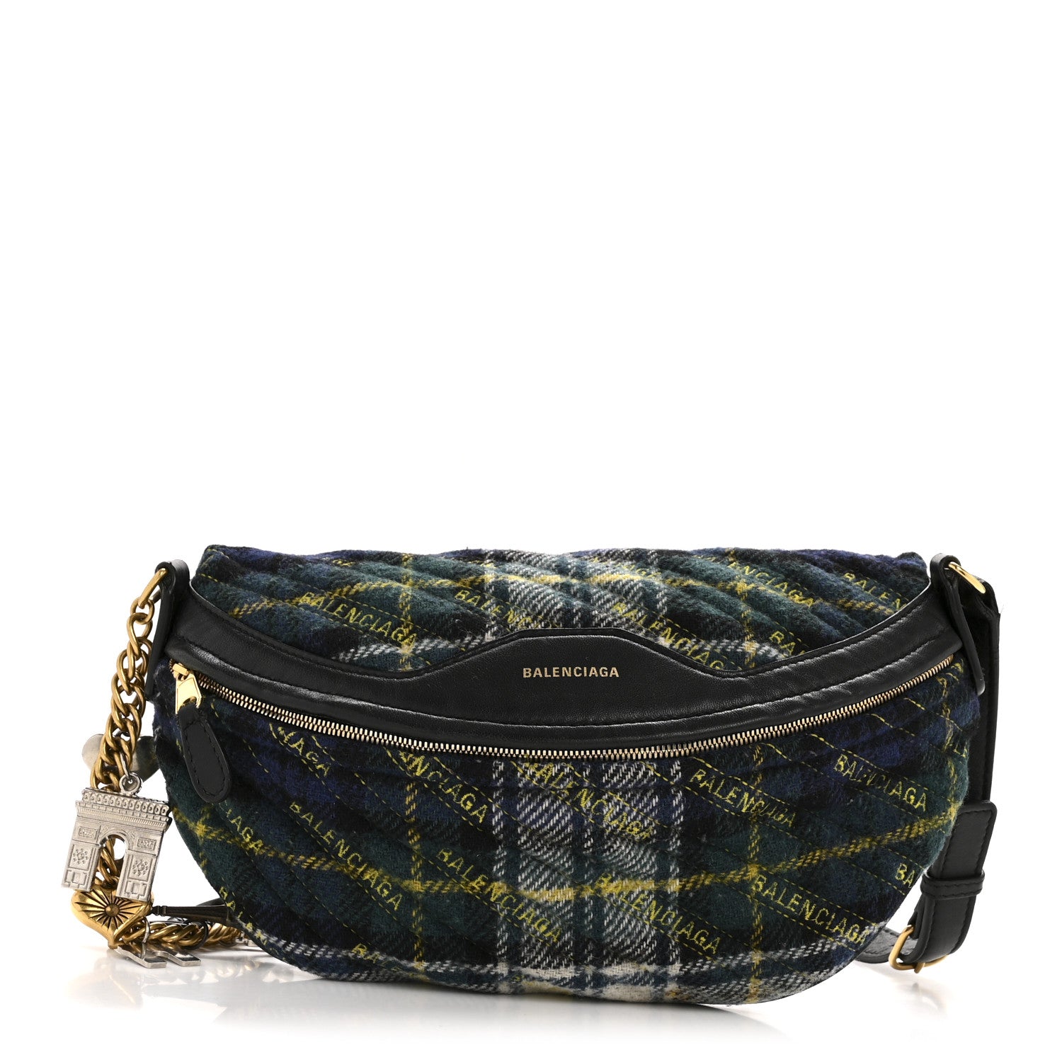 Balenciaga Wool Plaid Diagonal Allover Logo Matelasse XS Souvenir Belt Bag Green Blue Yellow 1 of 15