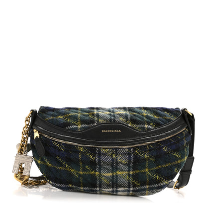 Balenciaga Wool Plaid Diagonal Allover Logo Matelasse XS Souvenir Belt Bag Green Blue Yellow 1 of 15