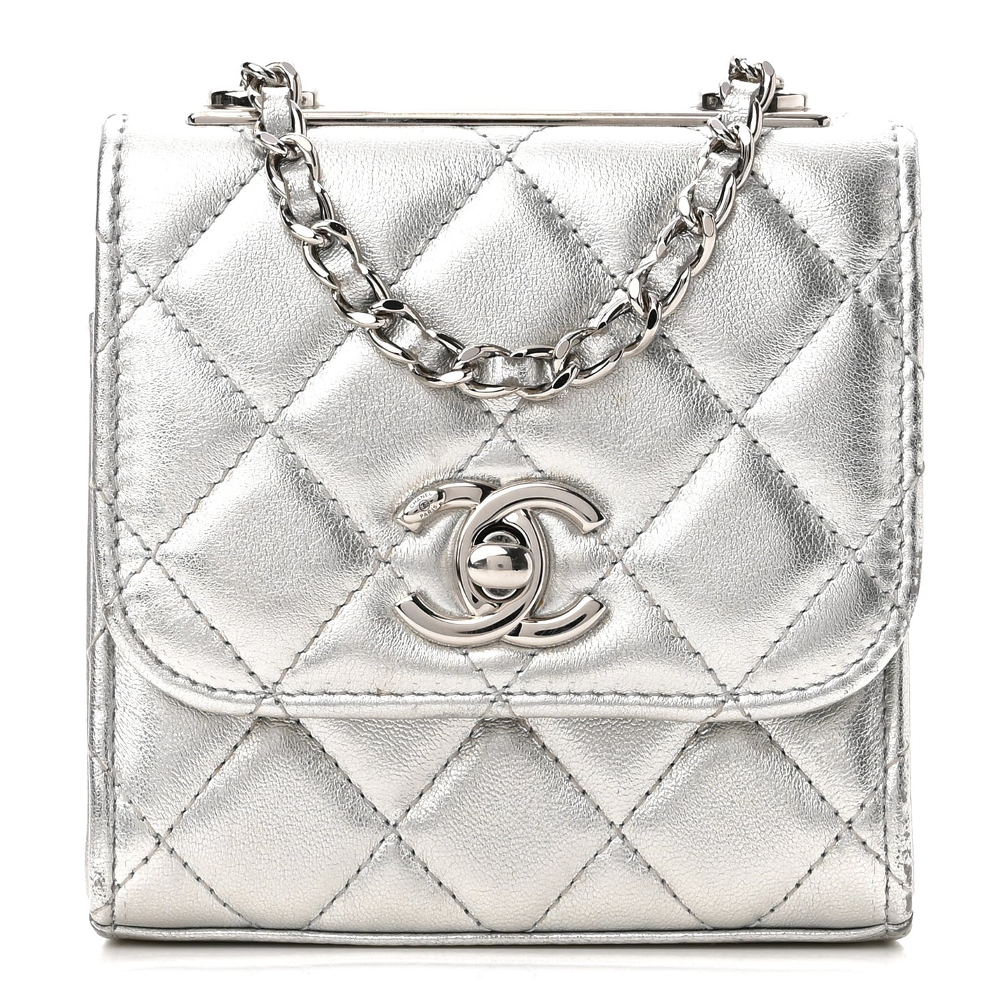 Metallic Lambskin Quilted Mini Trendy CC Clutch With Chain Silver