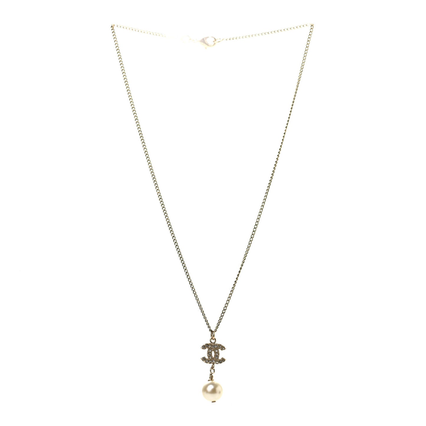 Pearl Crystal CC Pendant Necklace Light Gold