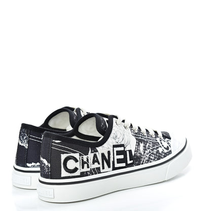 Chanel Printed Fabric Low Top Logo Sneakers 39 White Black 4 of 9