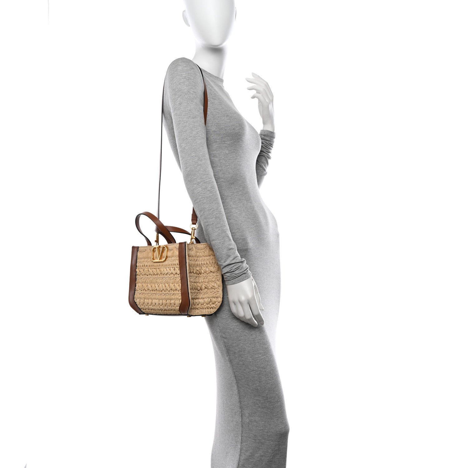 Valentino Garavani Raffia Calfskin Small Vlogo Signature Tote Natural Saddle Brown 2 of 13
