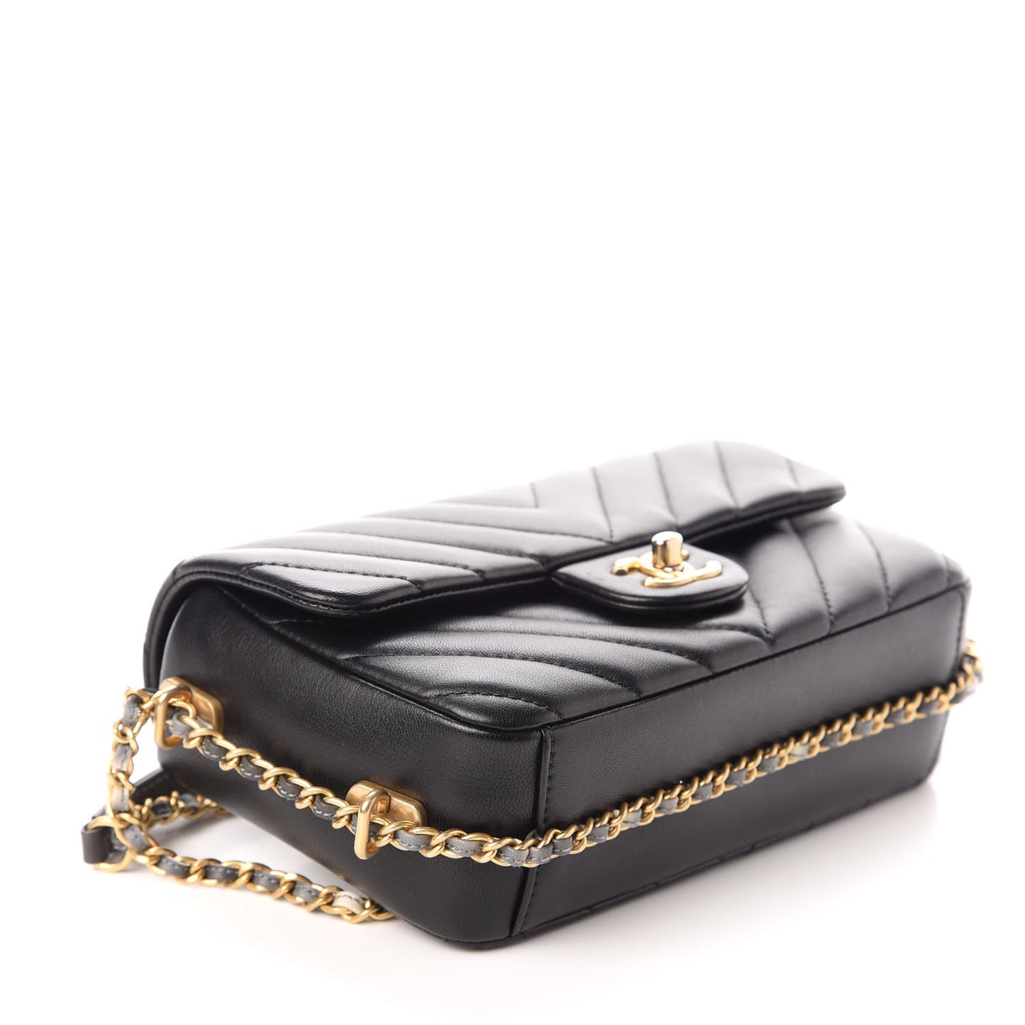 Lambskin Chevron Quilted Chain Around Mini Rectangular Flap Black