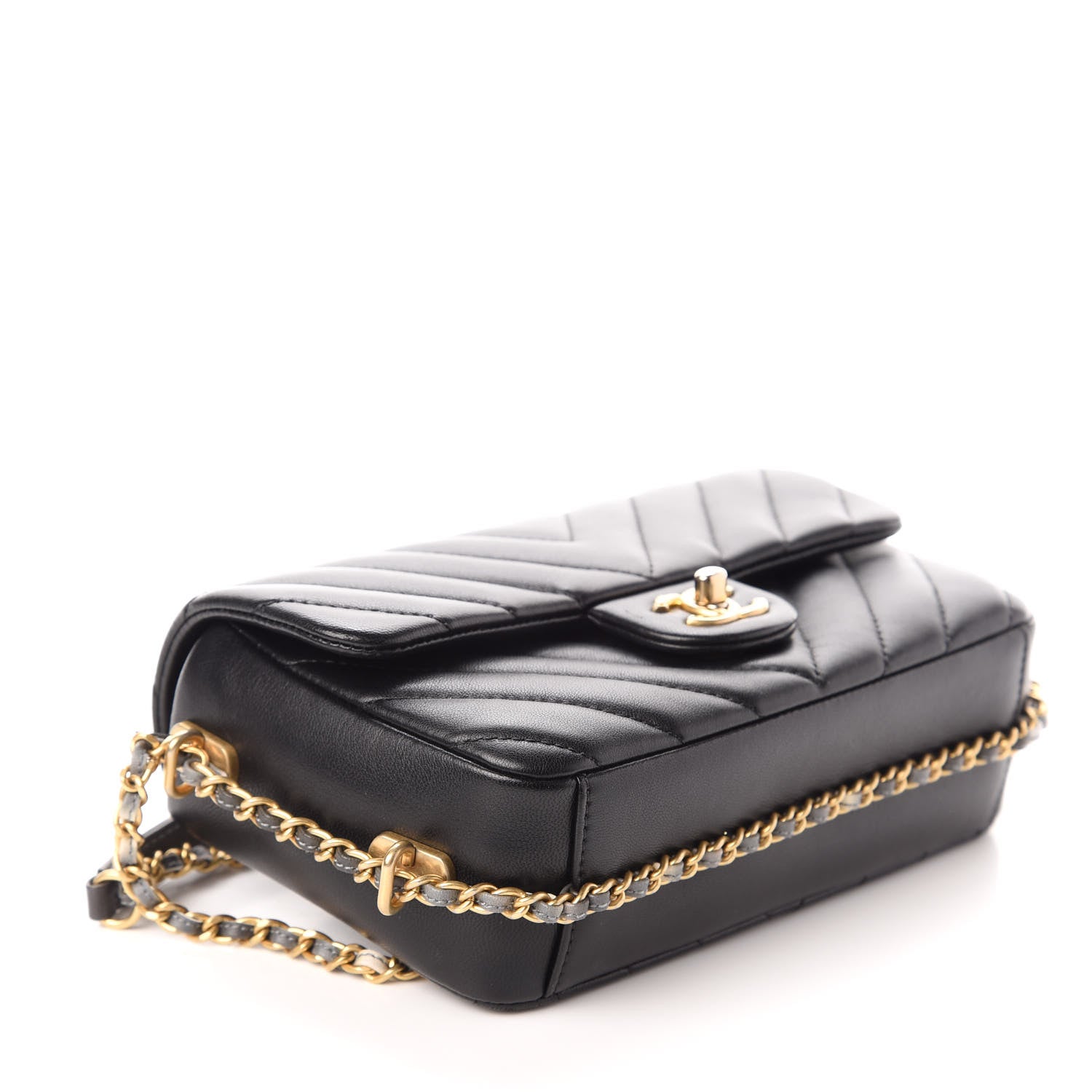 Chanel Lambskin Chevron Quilted Chain Around Mini Rectangular Flap Black 4 of 10