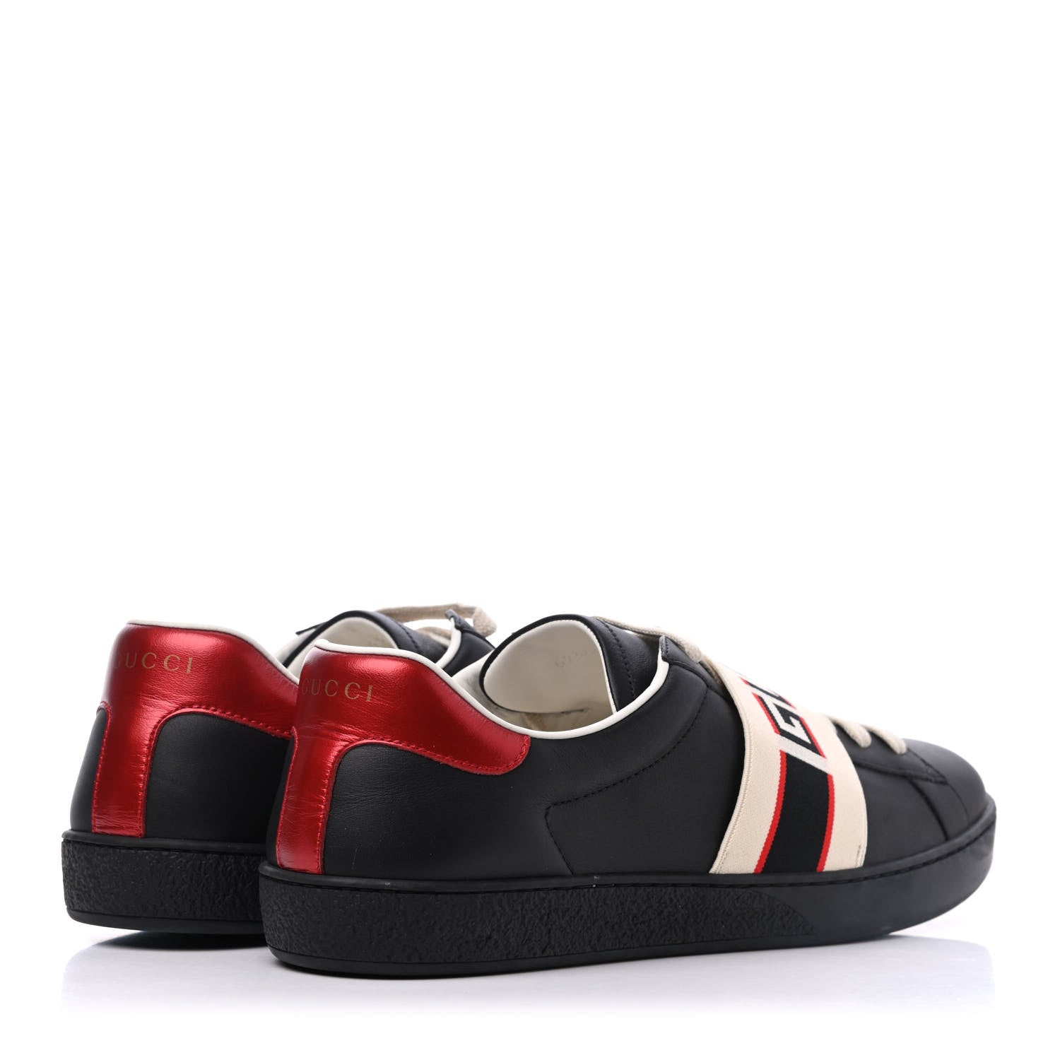 Gucci Calfskin Stripe Mens New Ace Sneakers 10 Black Ecru Red Flame 4 of 15