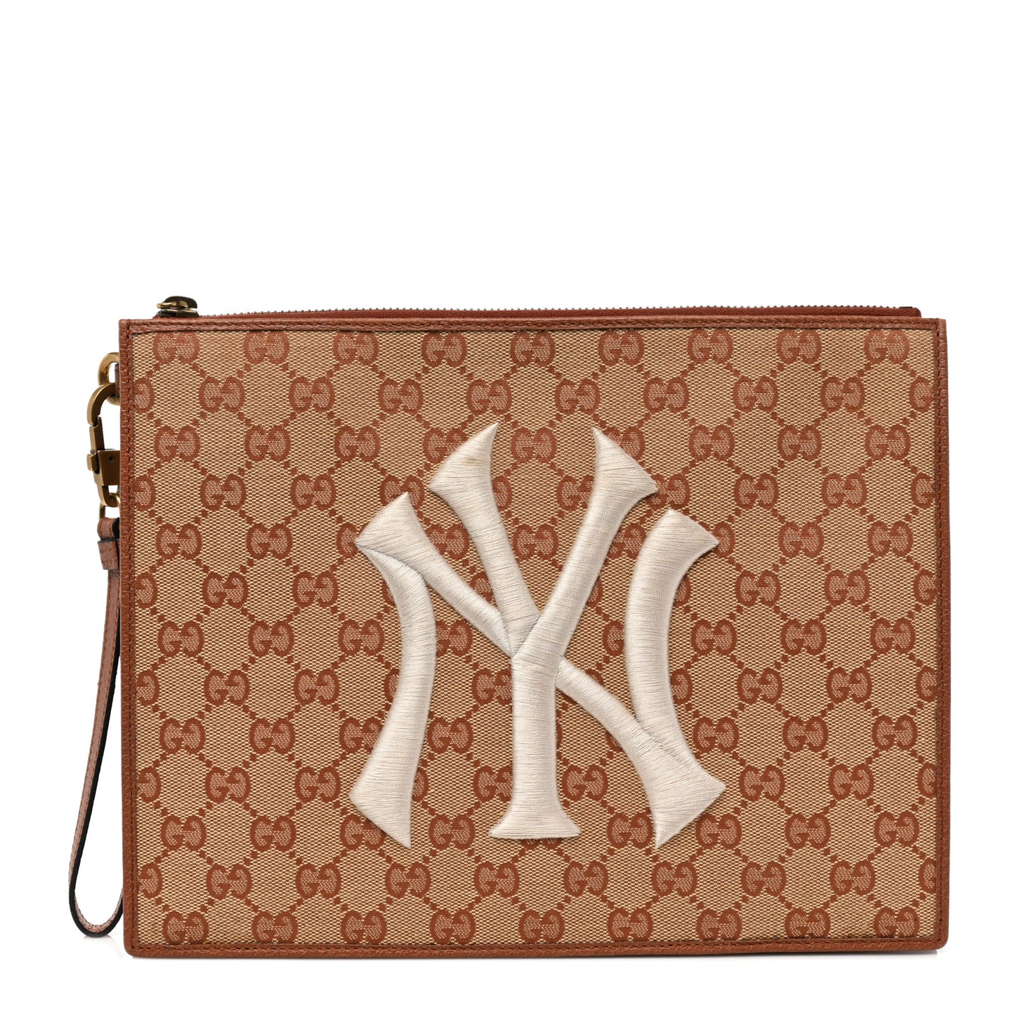 X MLB GG Monogram NY Yankees Zip Wristlet Pouch Beige Ruggine Ivory