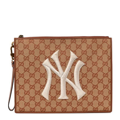 Gucci X MLB GG Monogram NY Yankees Zip Wristlet Pouch Beige Ruggine Ivory 1 of 11