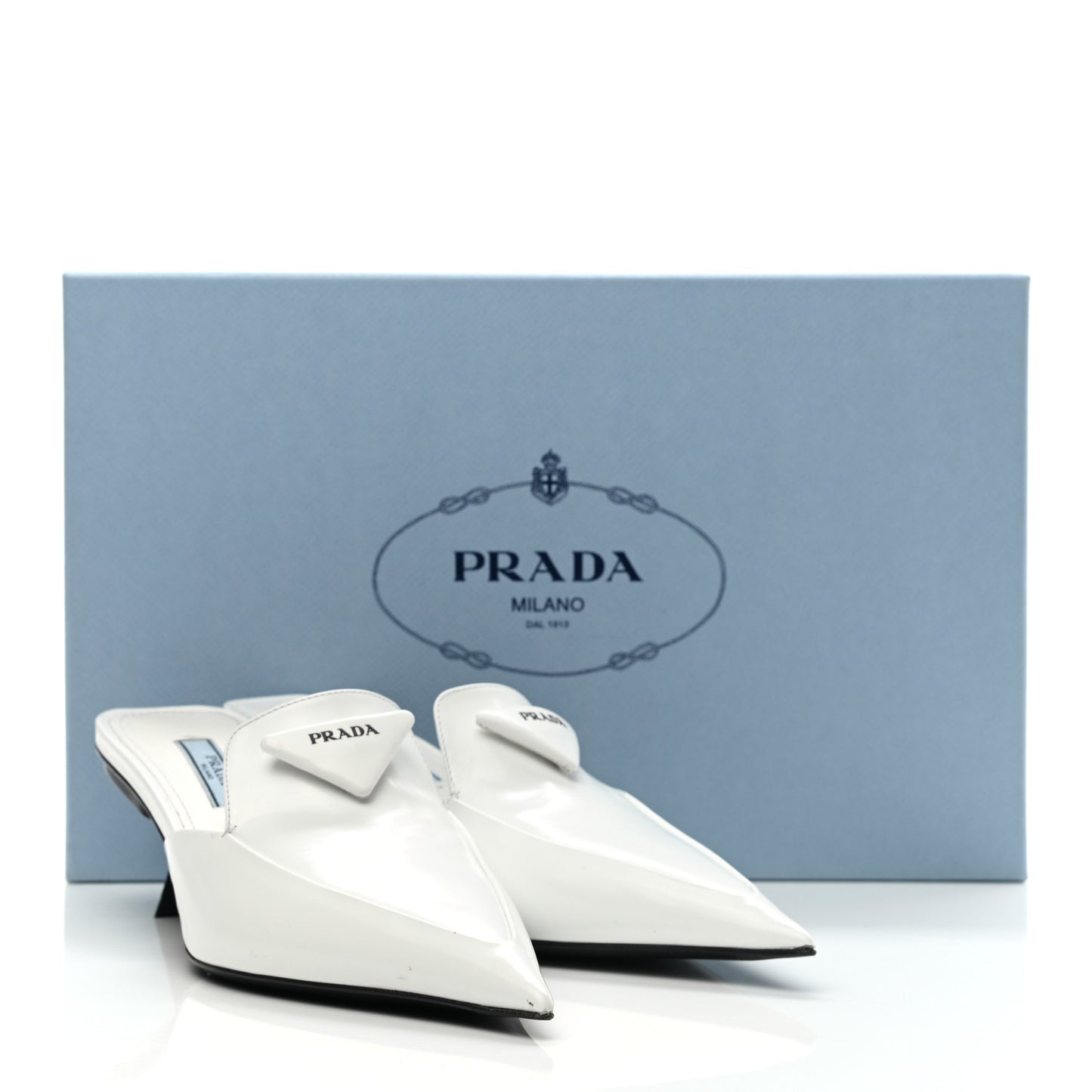 Spazzolato Triangle Logo Pointed Toe 55mm Mules 35 White