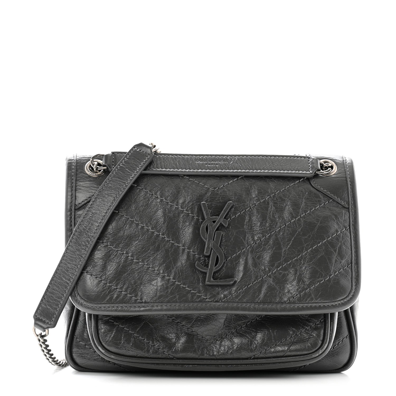 Saint Laurent Crinkled Calfskin Matelasse Monogram Baby Niki Chain Satchel Storm 1 of 13