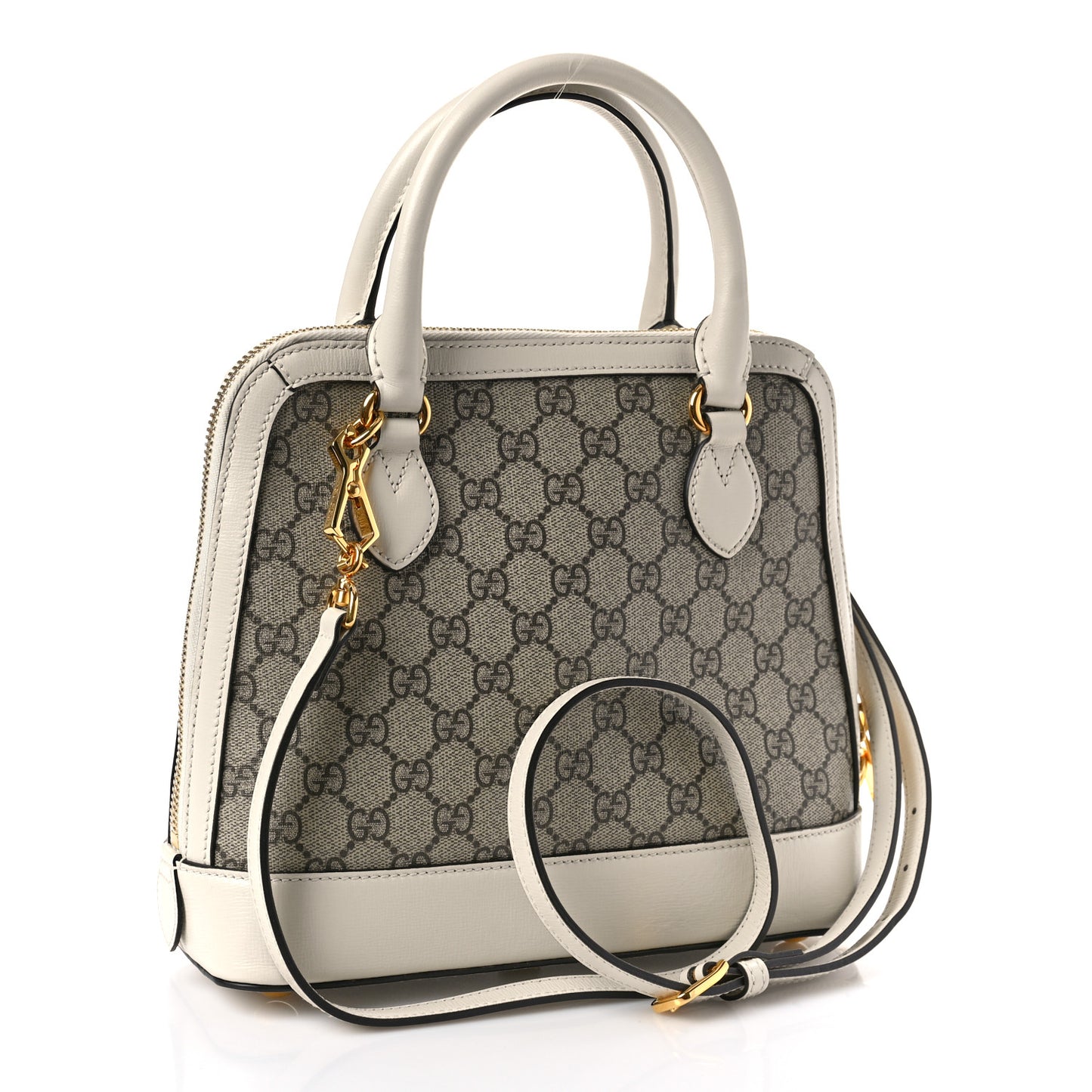 GG Supreme Monogram Azalea Calfskin Small Horsebit 1955 Top Handle Bag Beige Ebony Mystic White