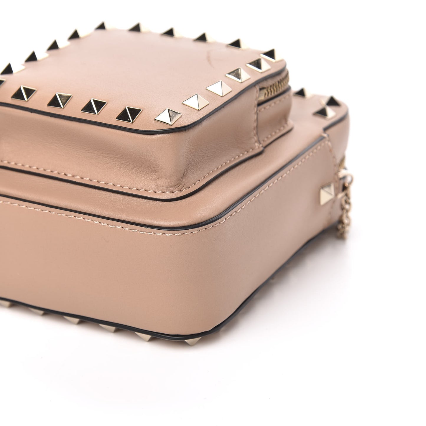 Calfskin Rockstud Double Pocket Chain Crossbody Bag Soft Noisette