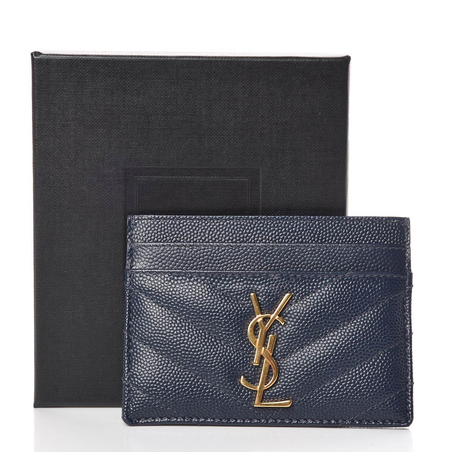 Saint Laurent Grain De Poudre Matelasse Chevron Monogram Credit Card Case Navy 9 of 9