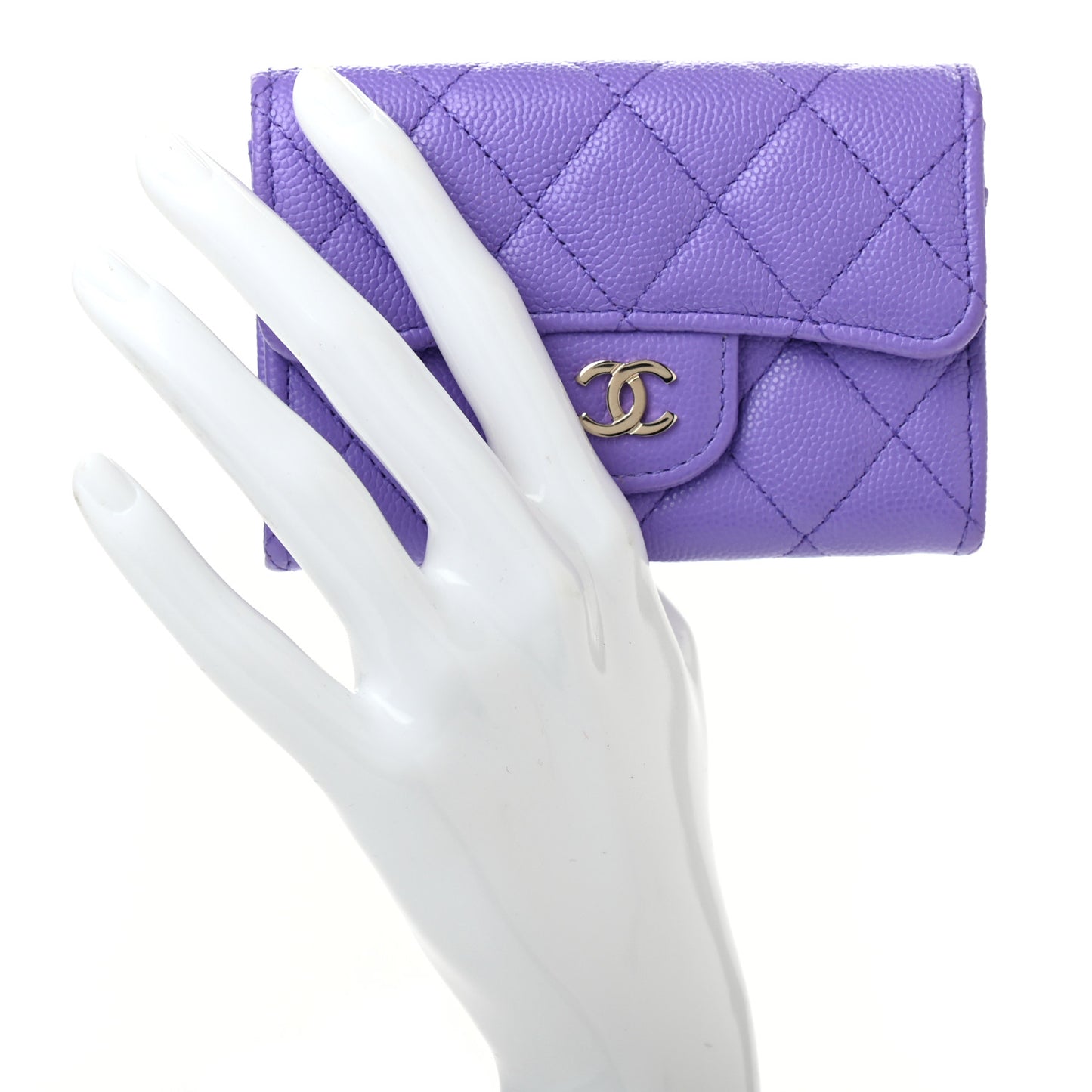 Caviar Quilted Flap Card Holder Wallet Purple