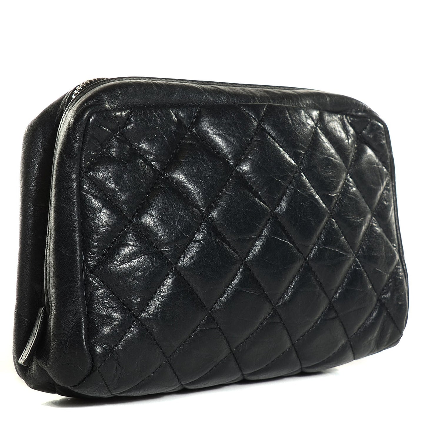 Aged Calfskin Quilted Cambon Cosmetic Case Black