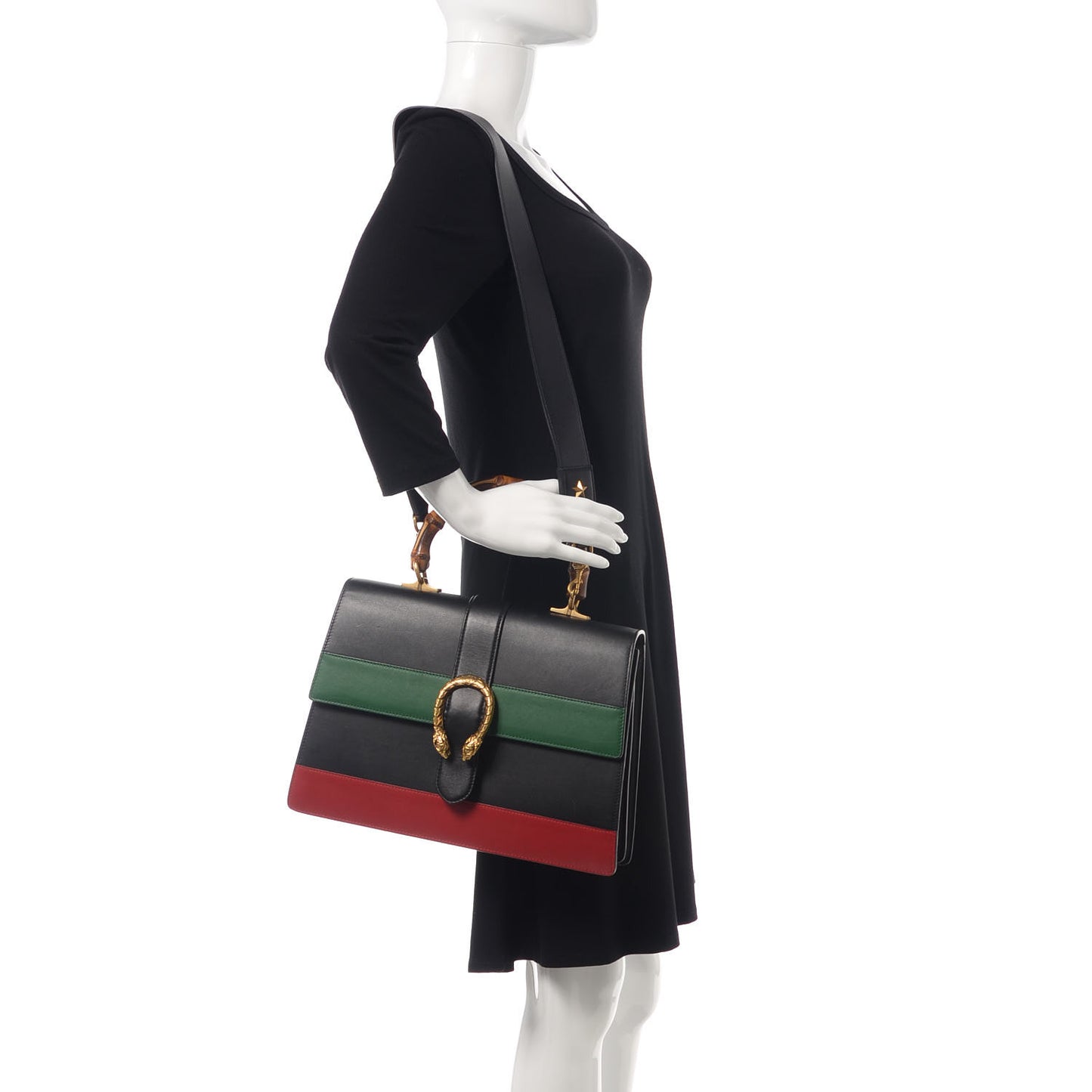 Calfskin Bamboo Web Large Dionysus Top Handle Bag Black Bright Evergreen Hibiscus Red