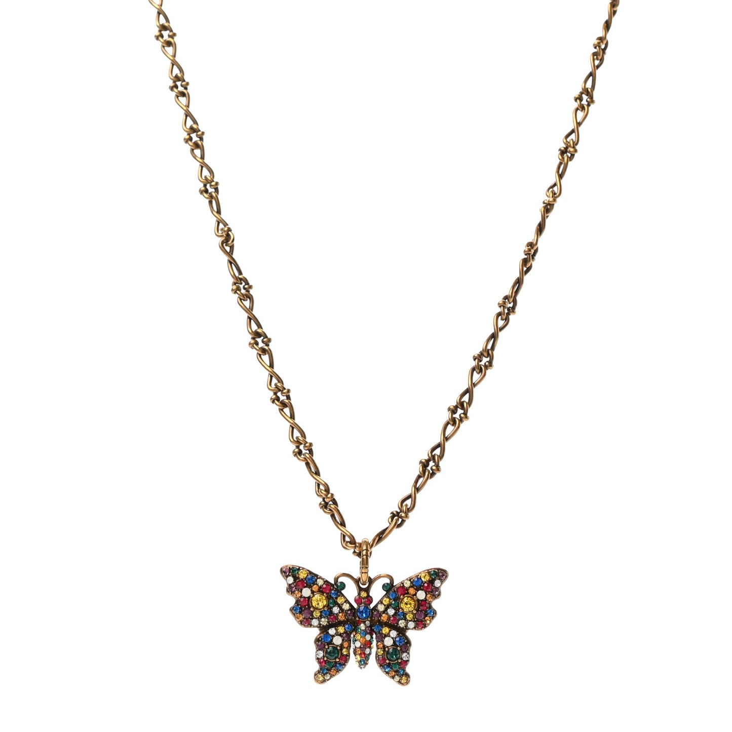 Metal Crystal Butterfly Necklace Aged Gold Multicolor