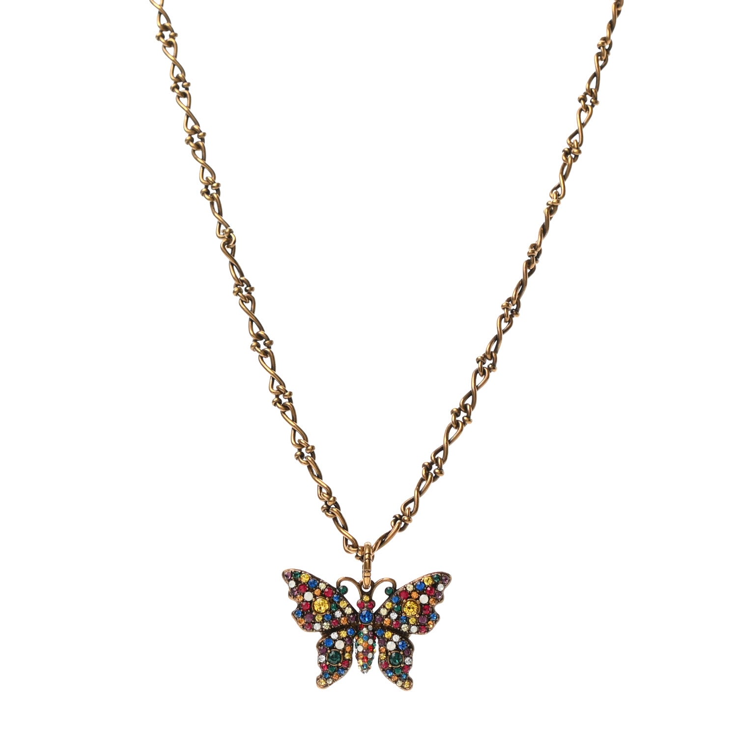 Gucci Metal Crystal Butterfly Necklace Aged Gold Multicolor 1 of 5