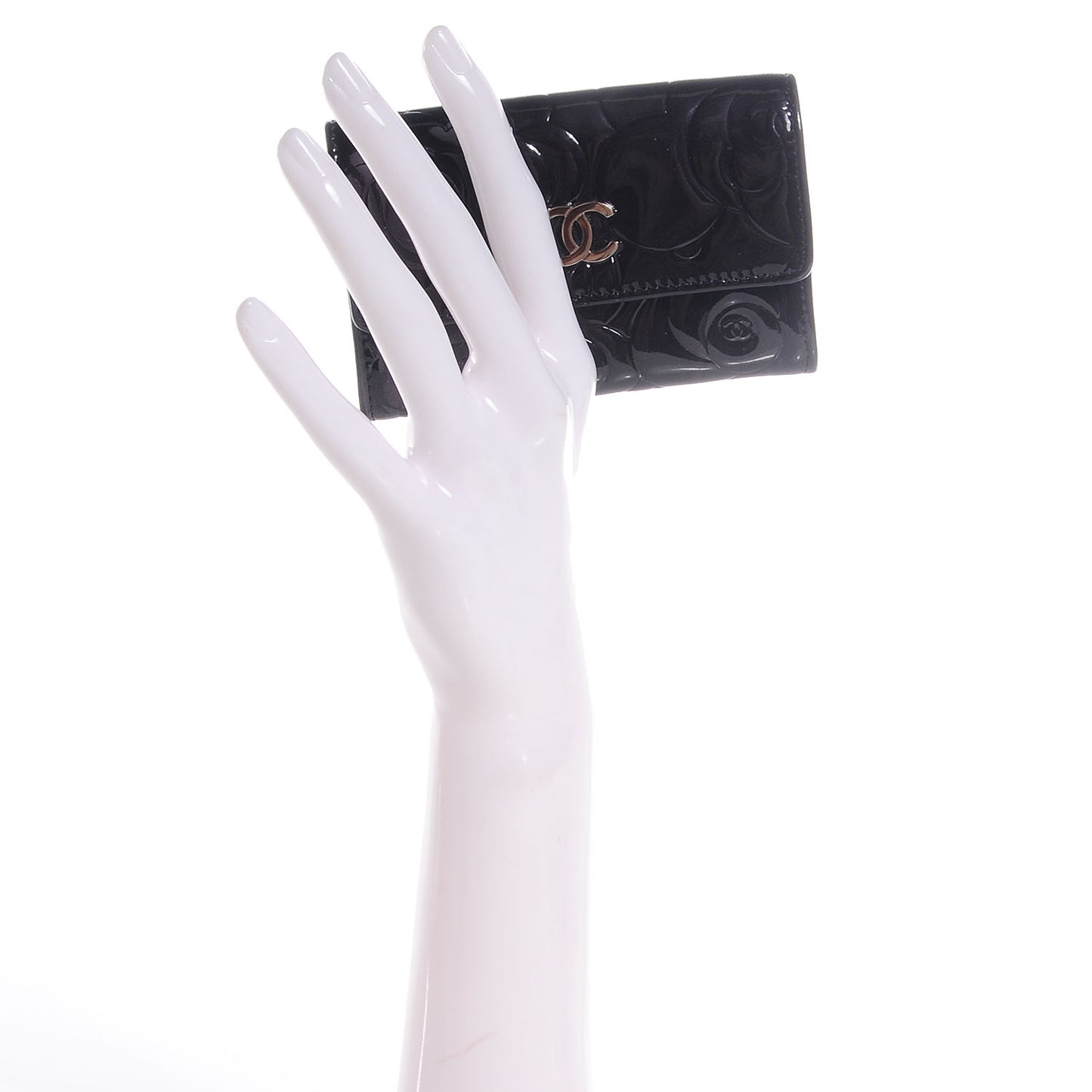 Patent Camellia Embossed Card Holder Black