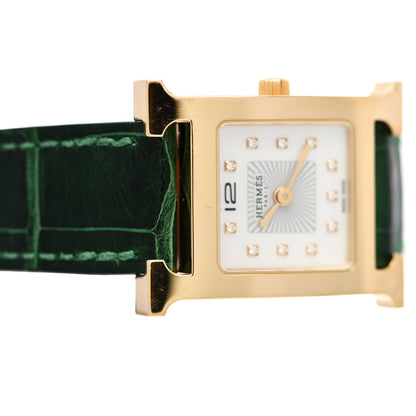 Hermes Stainless Steel Alligator Diamond Mother of Pearl 21mm Heure H Hour Quartz Watch Vert Moyen 5 of 6