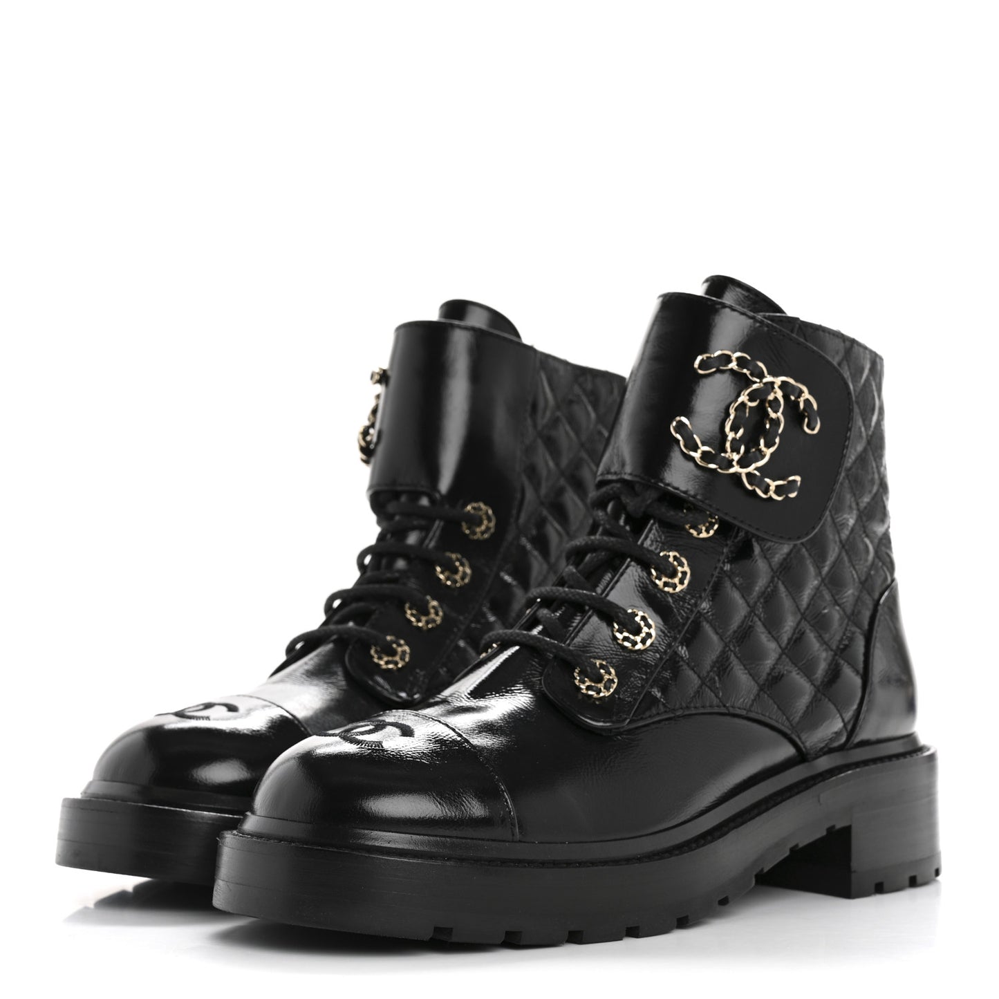 Shiny Calfskin Quilted Lace Up Combat Boots 38.5 Black