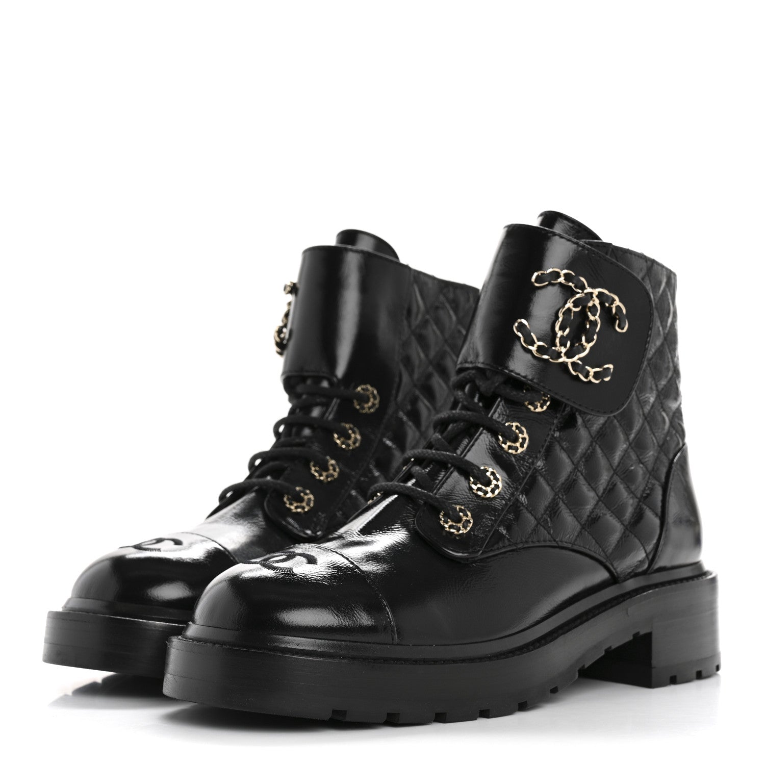 Chanel Shiny Calfskin Quilted Lace Up Combat Boots 38.5 Black 4 of 10