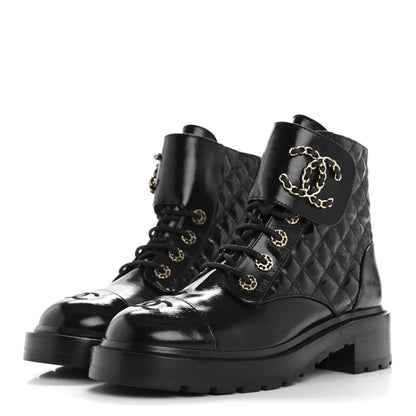 Chanel Shiny Calfskin Quilted Lace Up Combat Boots 38.5 Black 4 of 10