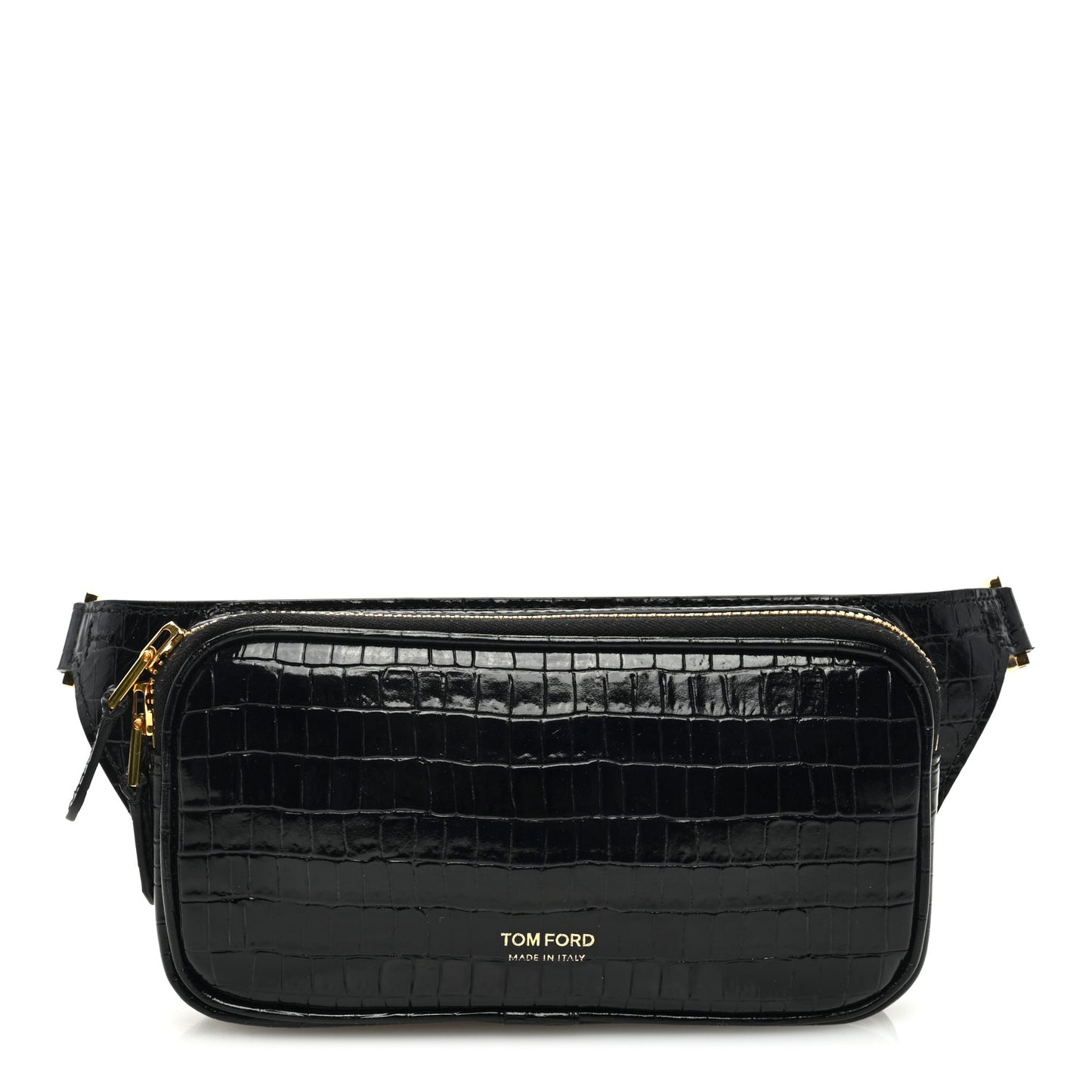 Calfskin Crocodile Embossed Small Zip Belt Bag Black