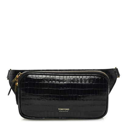 Tom Ford Calfskin Crocodile Embossed Small Zip Belt Bag Black 1 of 9