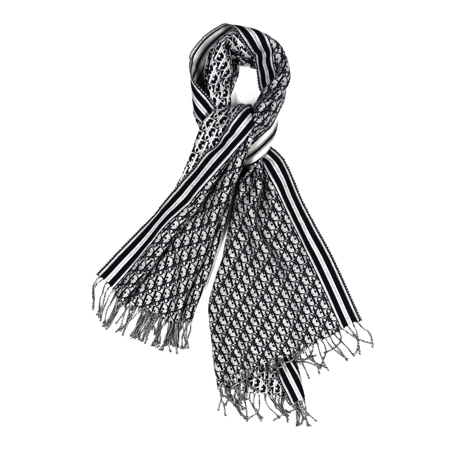 Wool Oblique Fringed Scarf Navy Blue