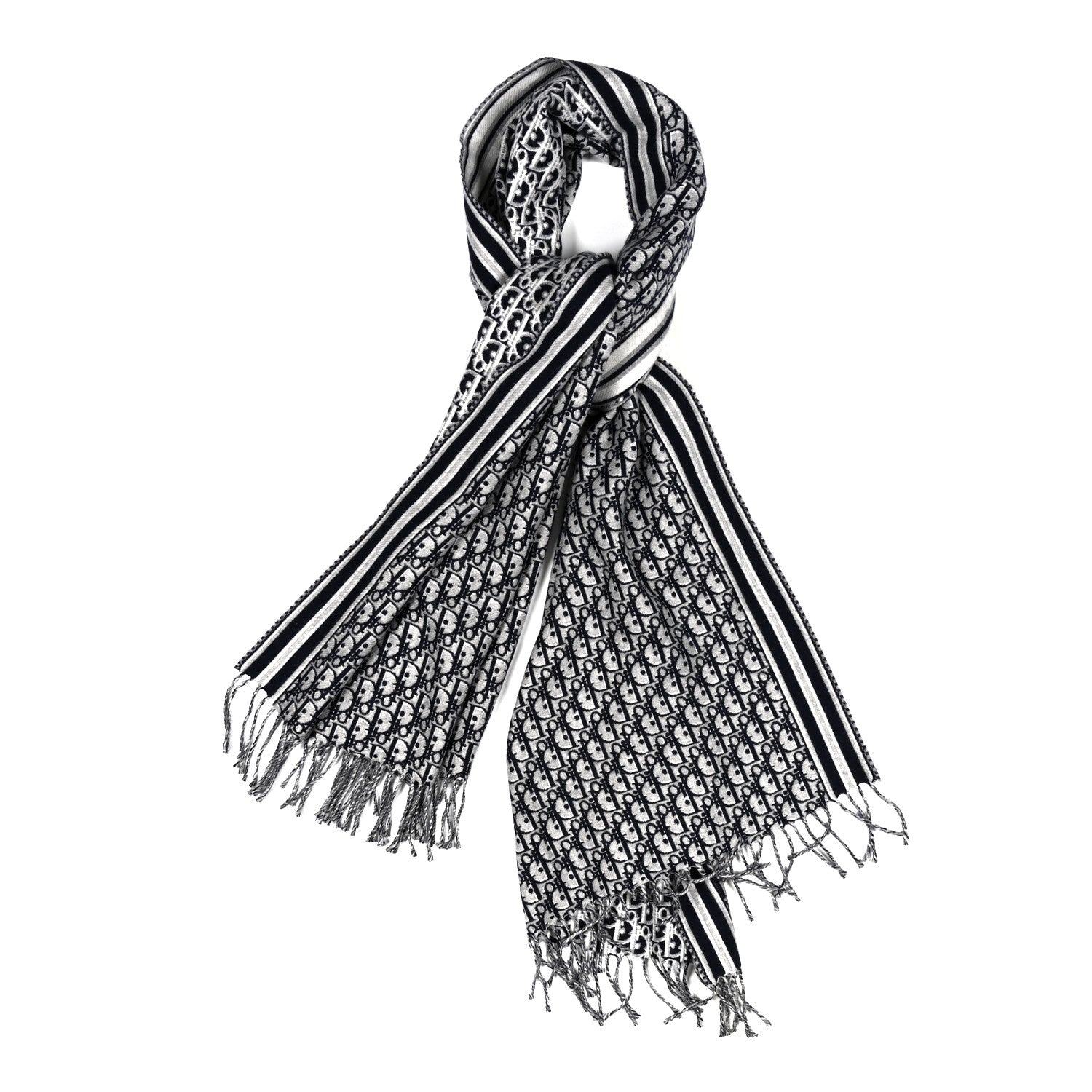 Christian Dior Wool Oblique Fringed Scarf Navy Blue 1 of 3