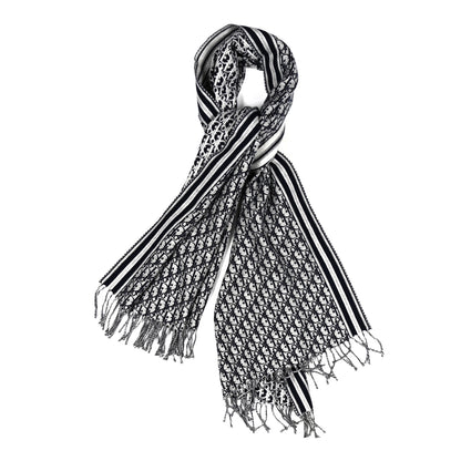 Christian Dior Wool Oblique Fringed Scarf Navy Blue 1 of 3
