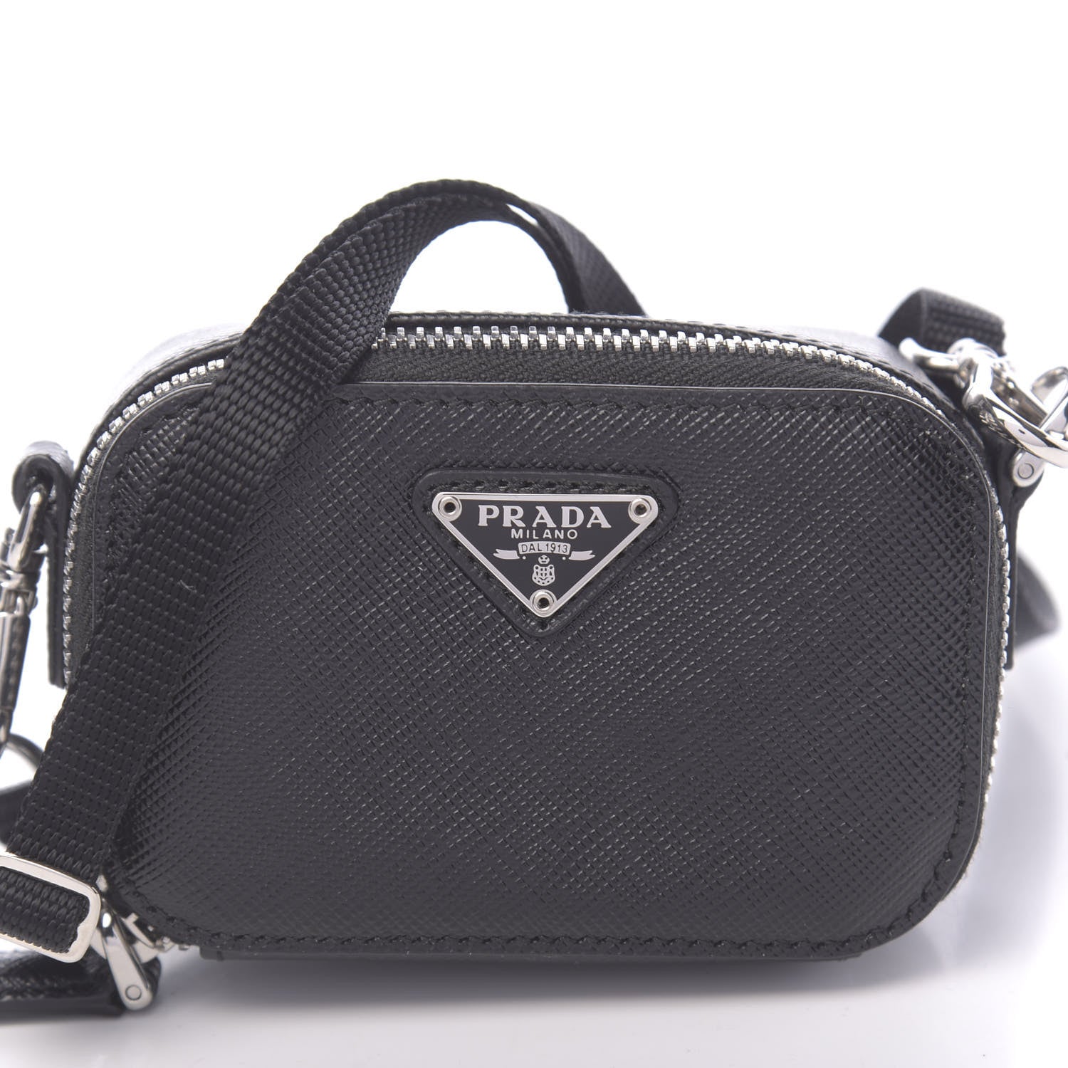 Prada Saffiano Travel Metal Triangle Logo Mini Pouch Shoulder Bag Black 7 of 9