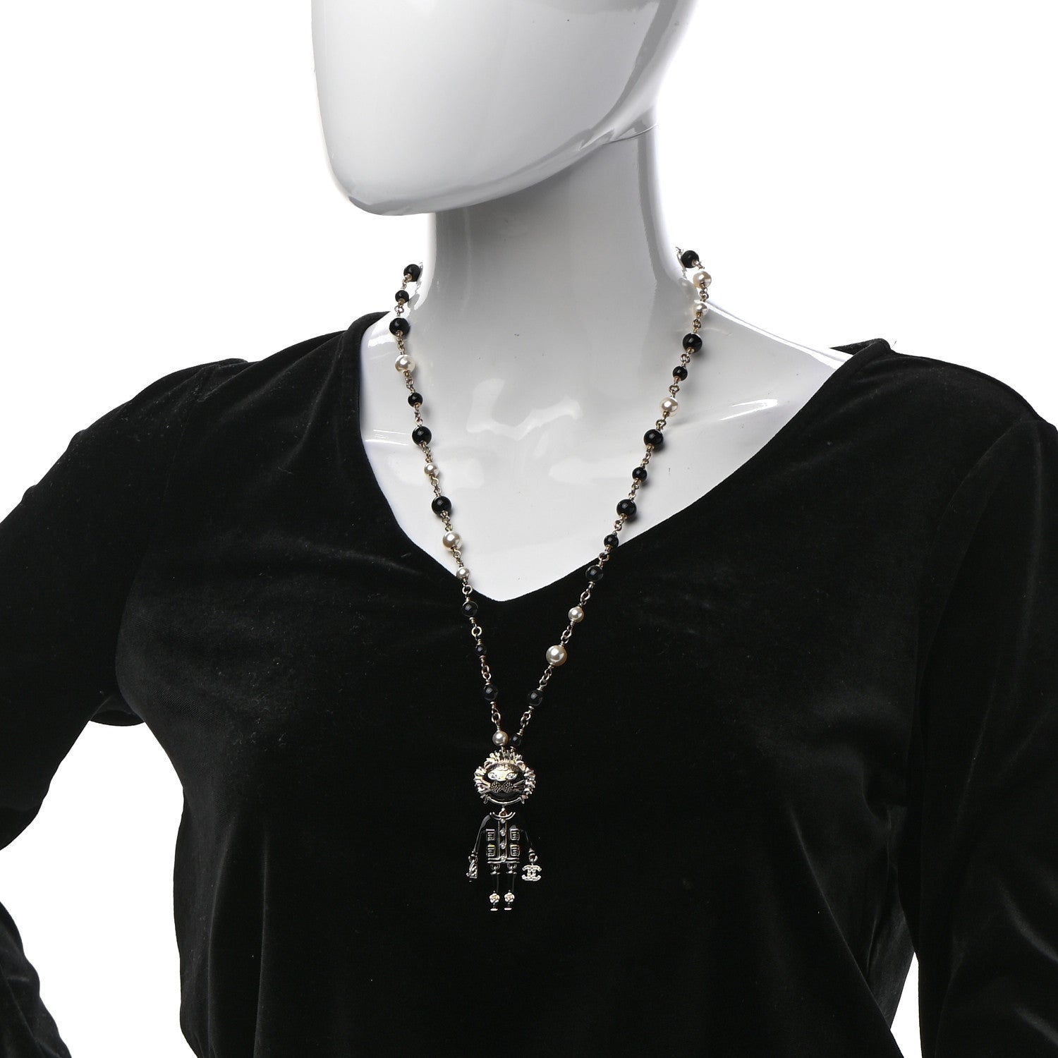 Chanel Gripoix Poured Glass Crystal Bead Pearl CC Lion Pendant Necklace Black Gold 2 of 6