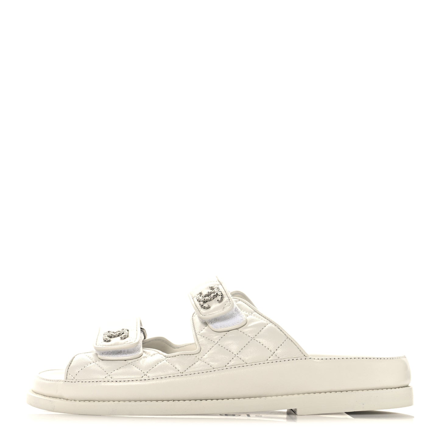 Lambskin Quilted Velcro Dad Chain CC Slide Sandals 39 White
