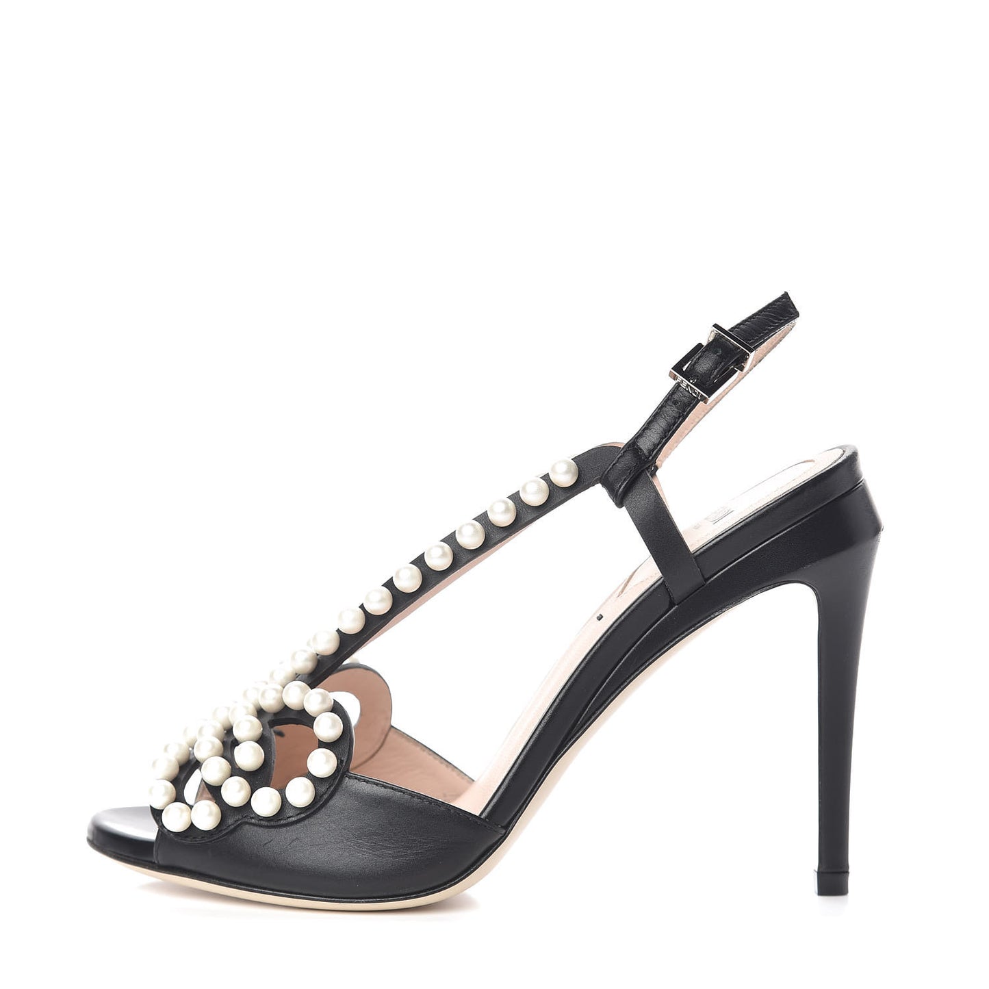 Calfskin Faux Pearl Embellished Bow Ankle Strap Heel 36 Black