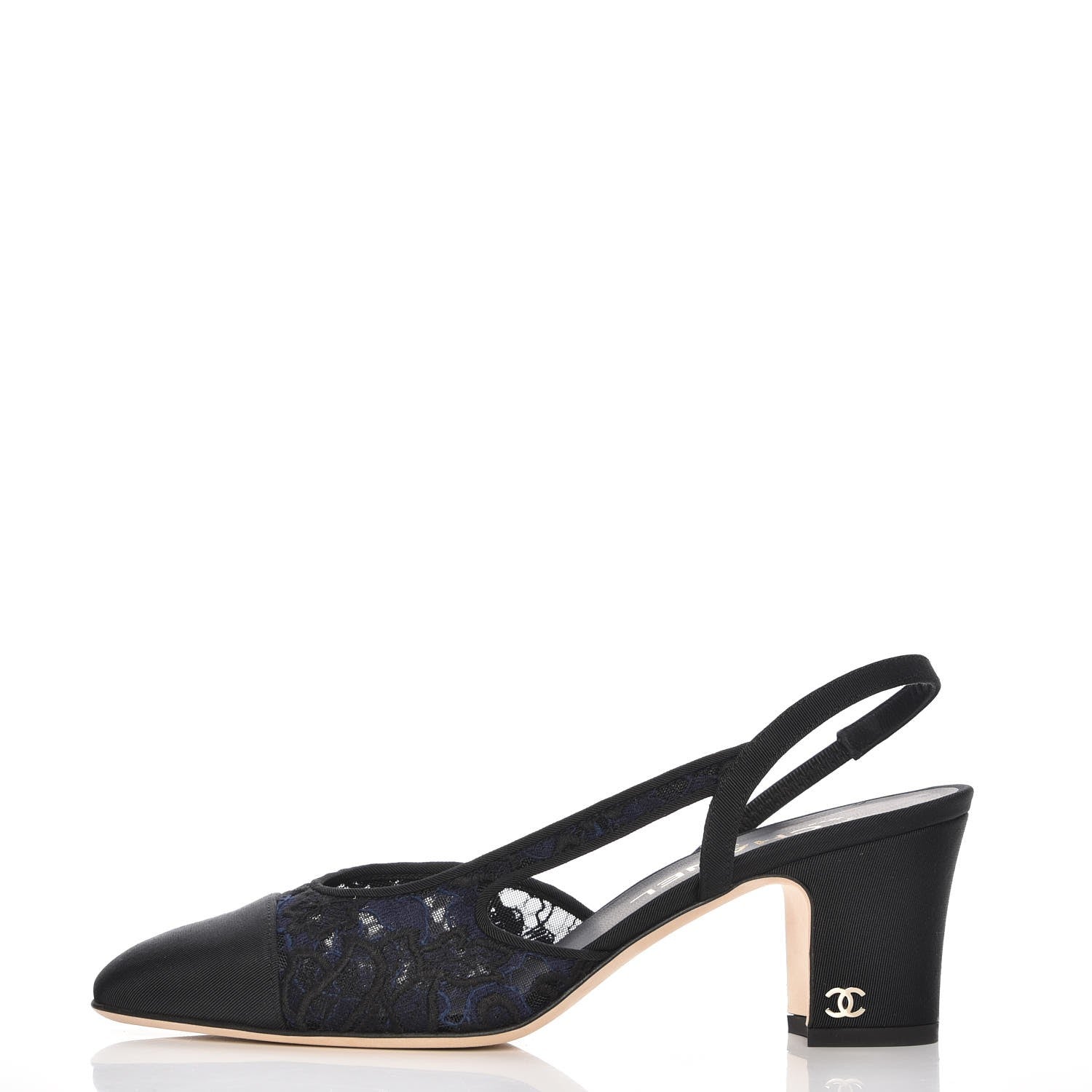 Chanel Lace Grosgrain Cap Toe CC Slingback Pumps 37 Navy Black 1 of 9