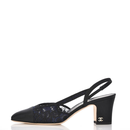 Chanel Lace Grosgrain Cap Toe CC Slingback Pumps 37 Navy Black 1 of 9