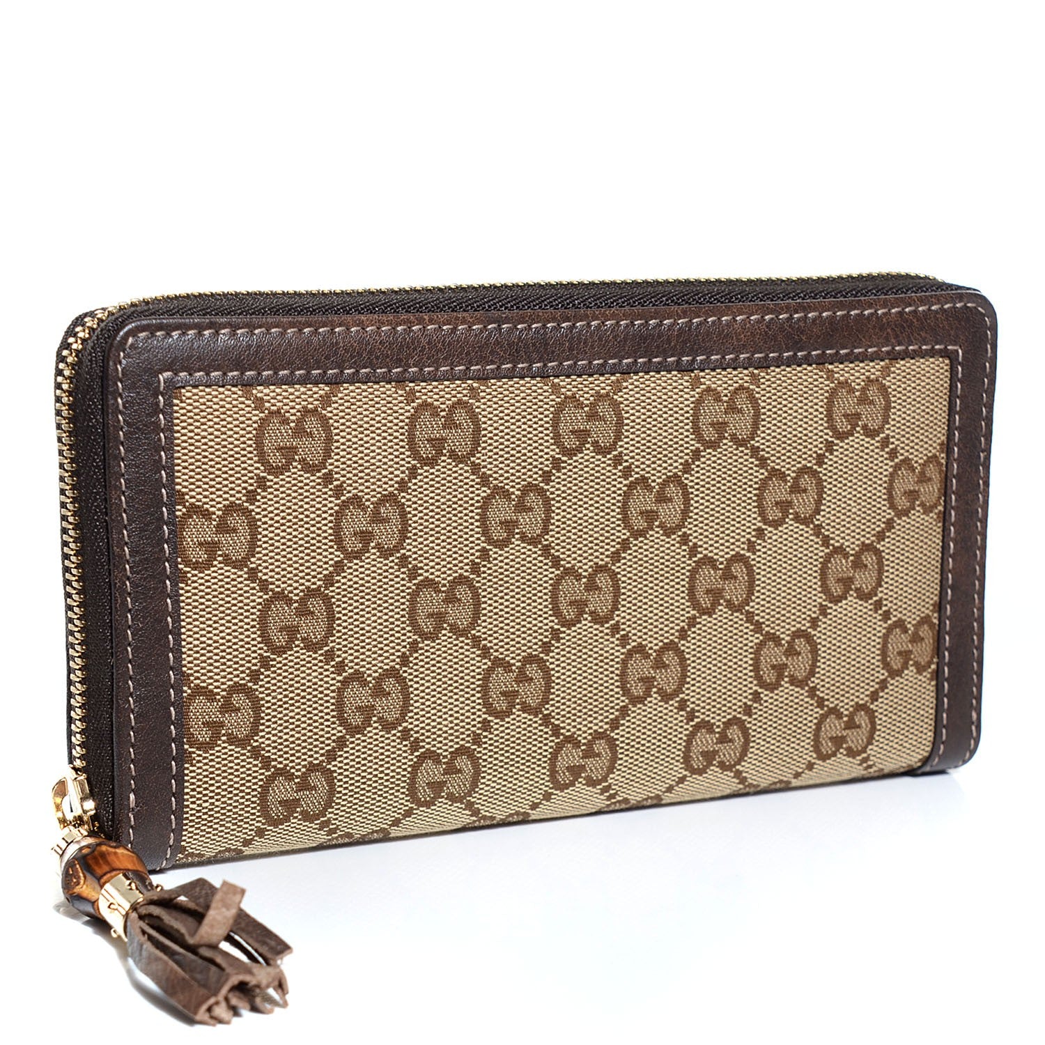 Gucci Monogram Calfskin Bamboo Tassel Zip Around Wallet Beige Ebony Chocolate 3 of 8