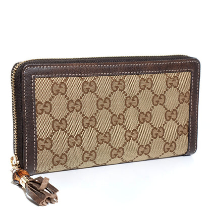 Gucci Monogram Calfskin Bamboo Tassel Zip Around Wallet Beige Ebony Chocolate 3 of 8