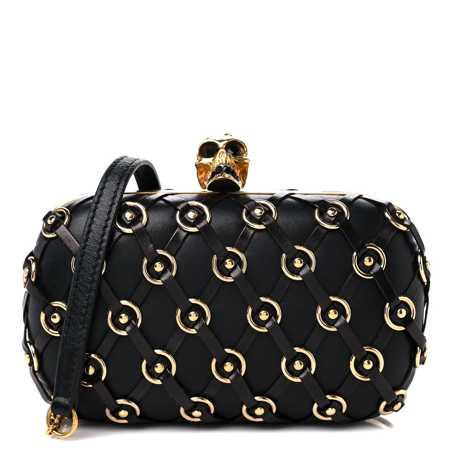 Calfskin Studded Skull Box Clutch Black