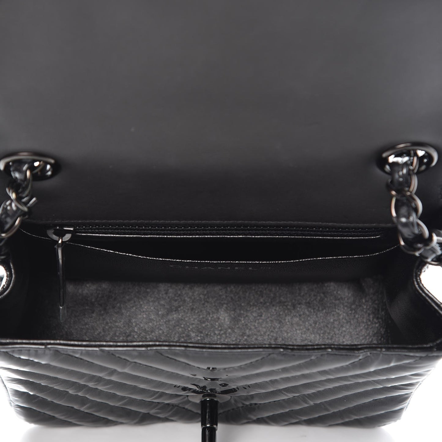 Metallic Patent Crumpled Calfskin Chevron Quilted Mini Square Flap Black