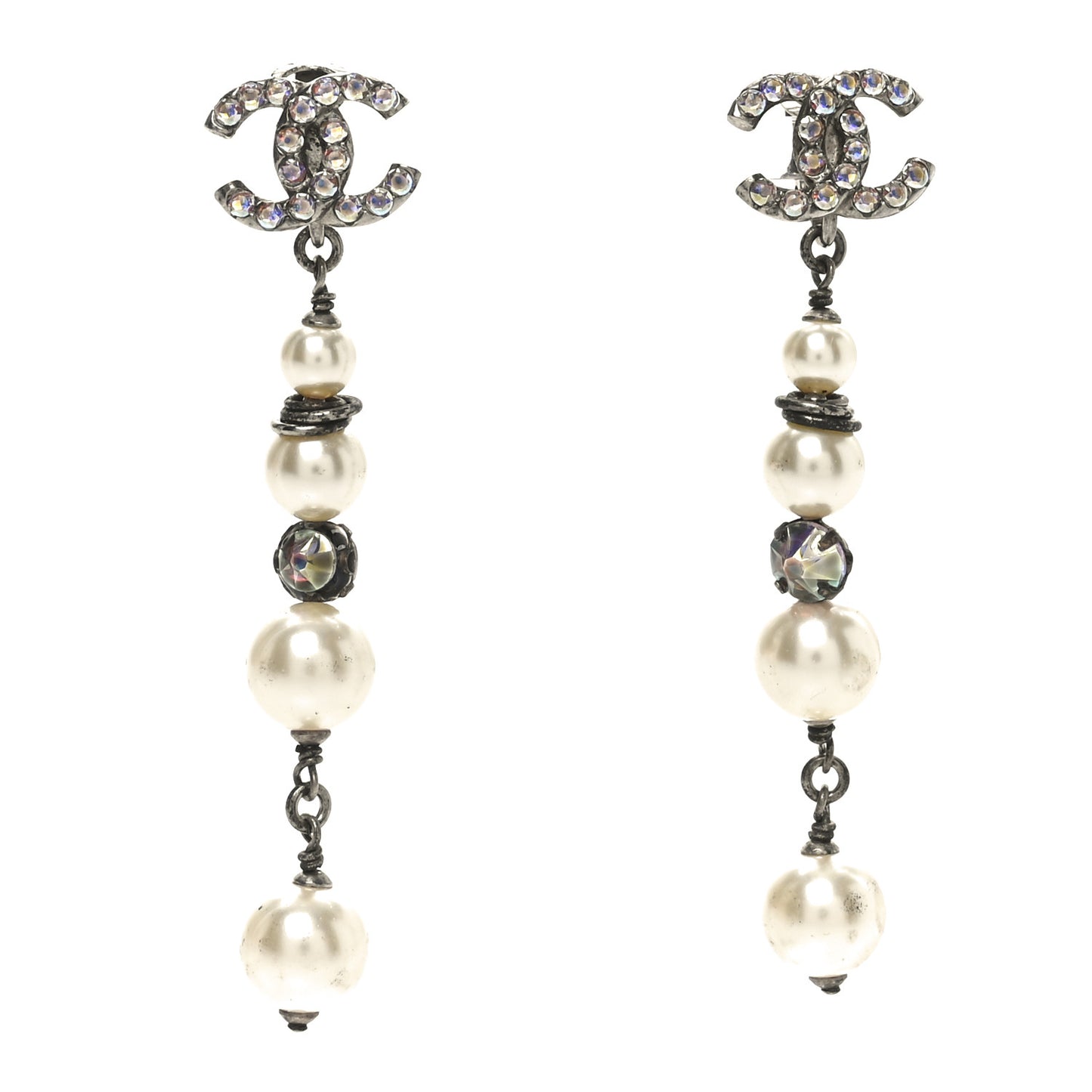Pearl Crystal CC Chain Drop Earrings Silver