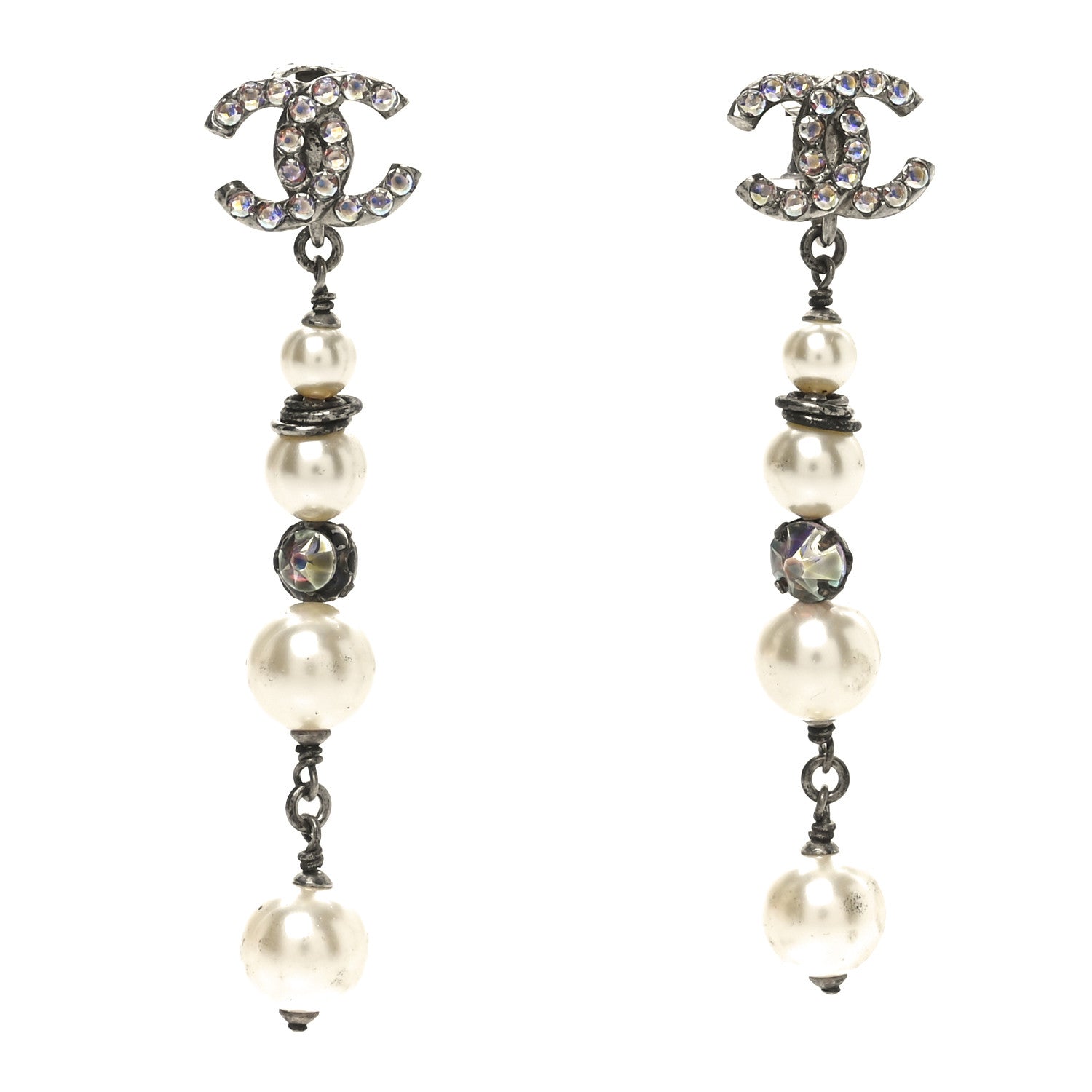 Chanel Pearl Crystal CC Chain Drop Earrings Silver 1 of 4